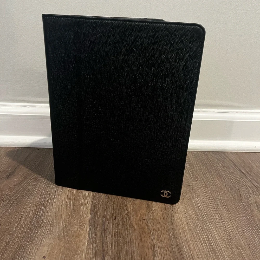 Authentic Chanel Black pebble grain Leather IPad Case / holder